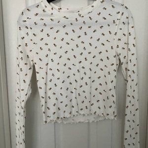 EUC, Forever 21 Floral Ribbed Crop Top with Lettuce Edges, White Floral, L